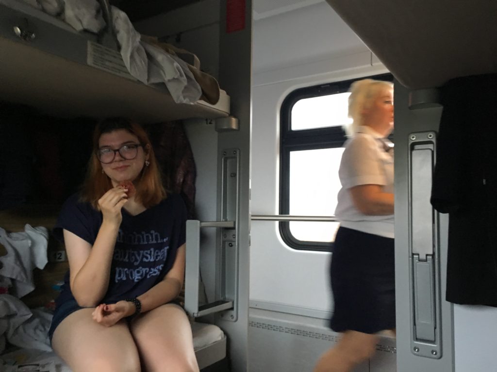 On our Russian train, Maria has breakfast while manager is at work
