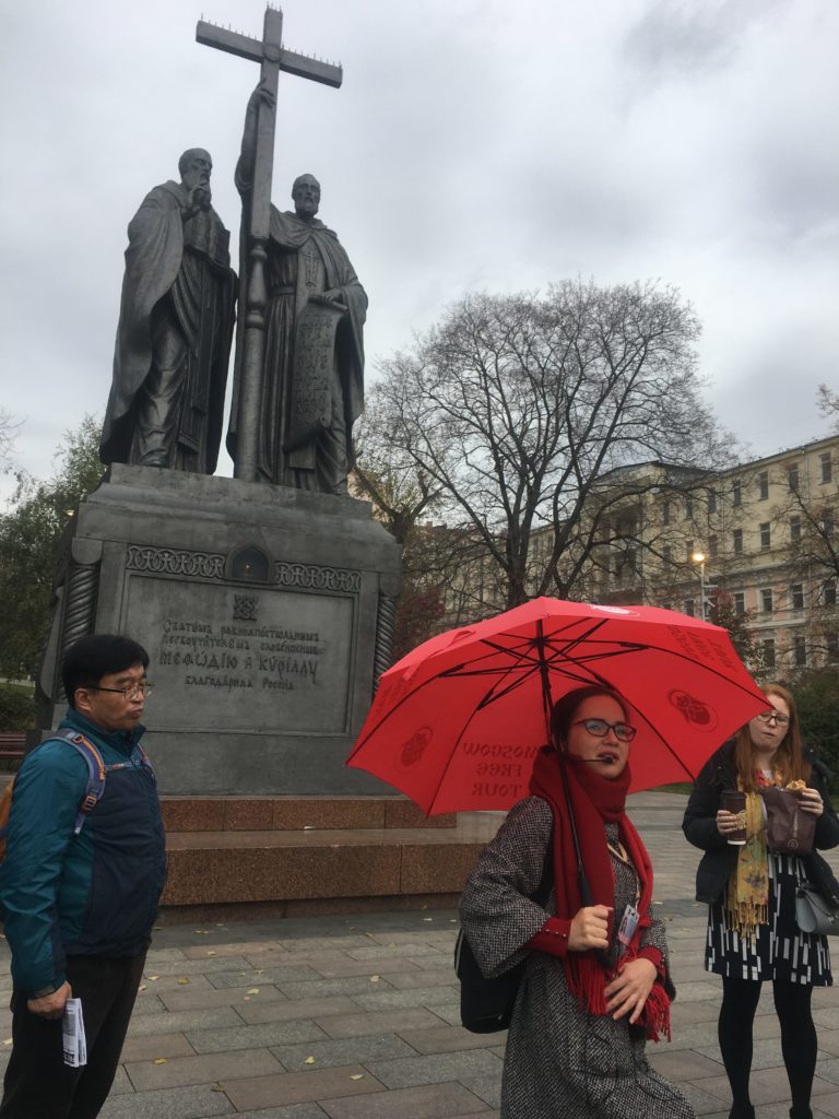 Irena fires up her tour over looked by Cyril and Methodius, inventors of the cyrillic alphabet