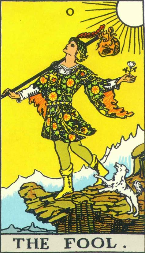 the fool from the Tarot a young man, with his little dog beside him, is looking up and about to step off a cliff